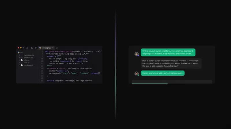 Cursor for Marketing: split-screen showing a code editor interface on the left and a marketing chat interface on the right — visual metaphor for technical vs marketing-native AI tools